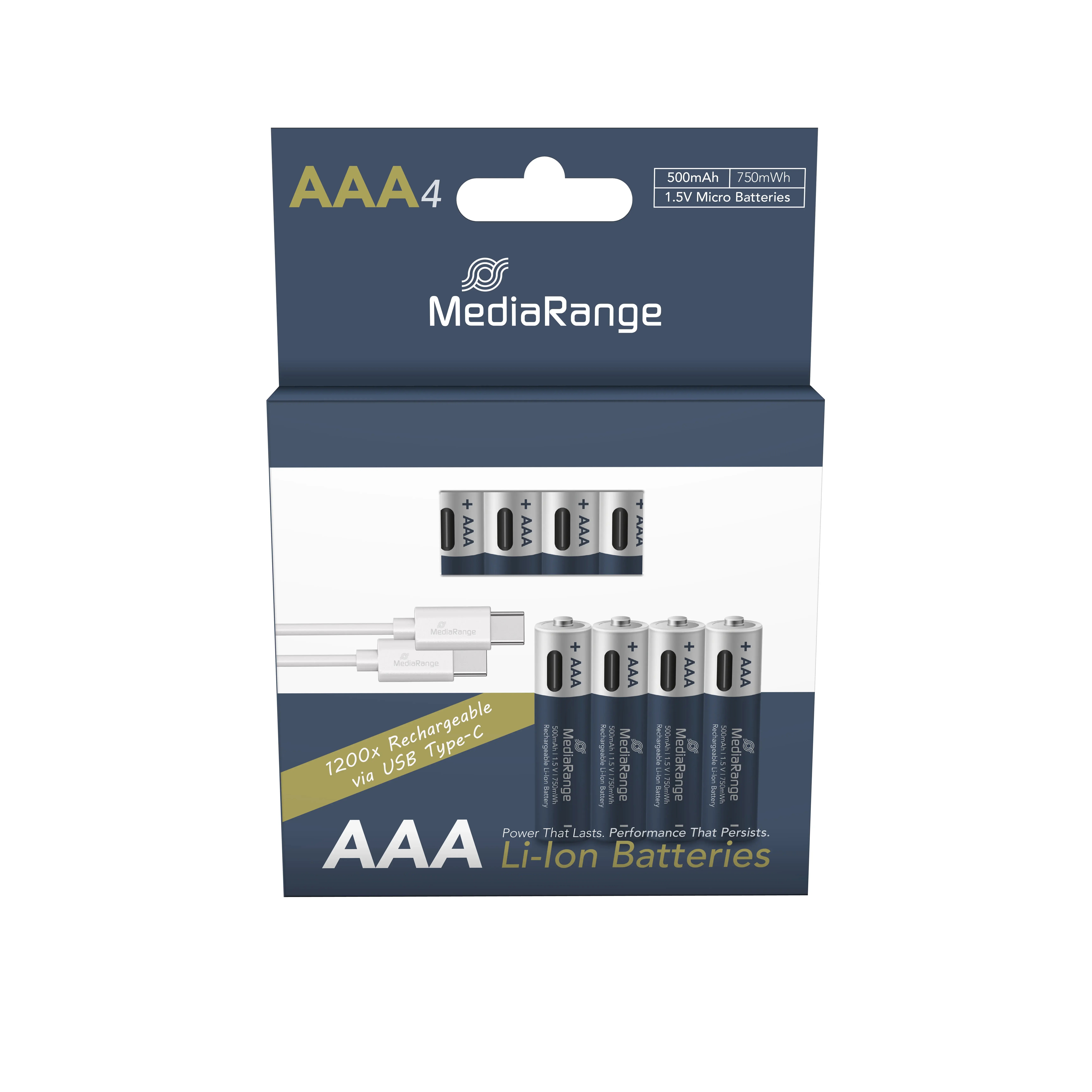 MediaRange Wiederaufladbare USB-C Li-Ion Batterien Micro AAA I 1.5V 500mAh 4er Pack